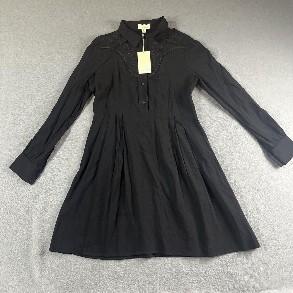 The Korner Shirt Dress Womens Small Black Embroidered Fit & Flare Linen Blend